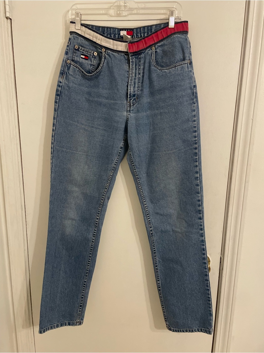Tommy Hilfiger Women's Light Blue Straight Leg Jeans with Red & Navy Waistband